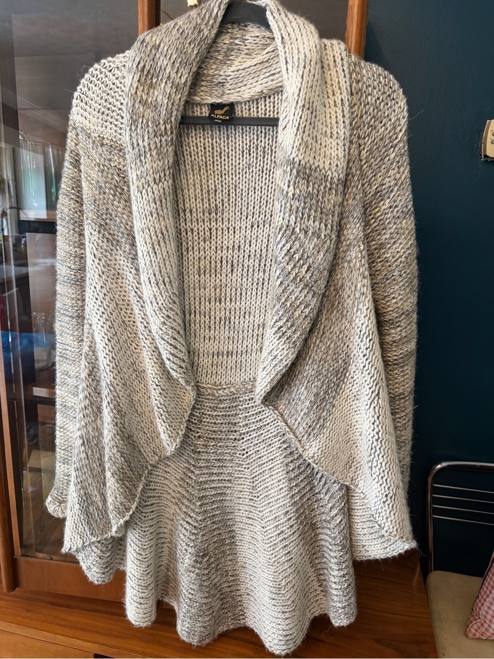 Alpaca  Shawl Collar Open Cardigan - Heather Gray/ tans